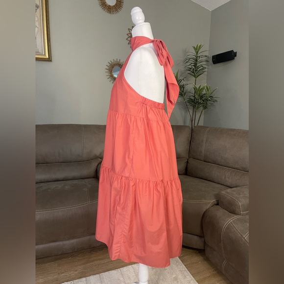 NWT Theory Tech Lawn Halter Tier Mini Dress in Pink Coral Sz M Fall Fashion Chic - Picture 6 of 11